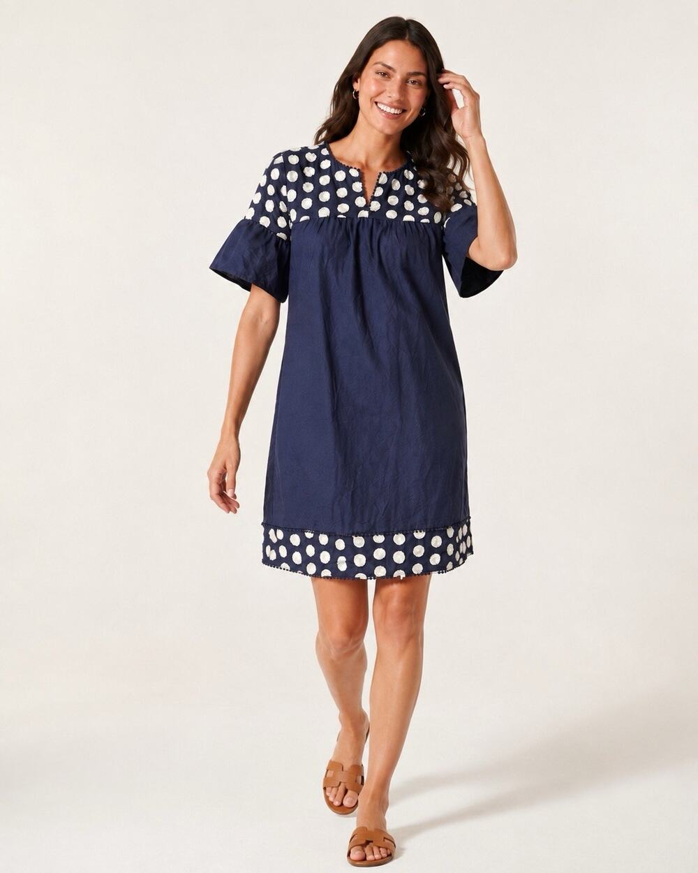 J.Crew G3695 Dress 2 Navy Ivory Fringe Dot Embroidered Bell Sleeve Cotton Shift